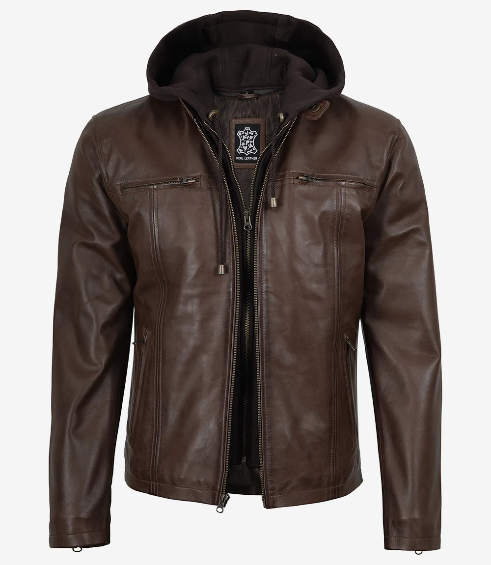 Mens Dark Brown Biker Style Leather Jacket with Hood