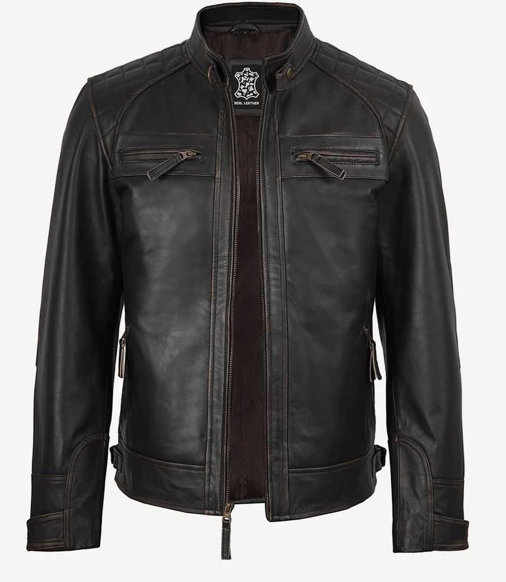 Men's Tall Distressed Brown Leather Biker Style Jacket - Quilted Shoulder