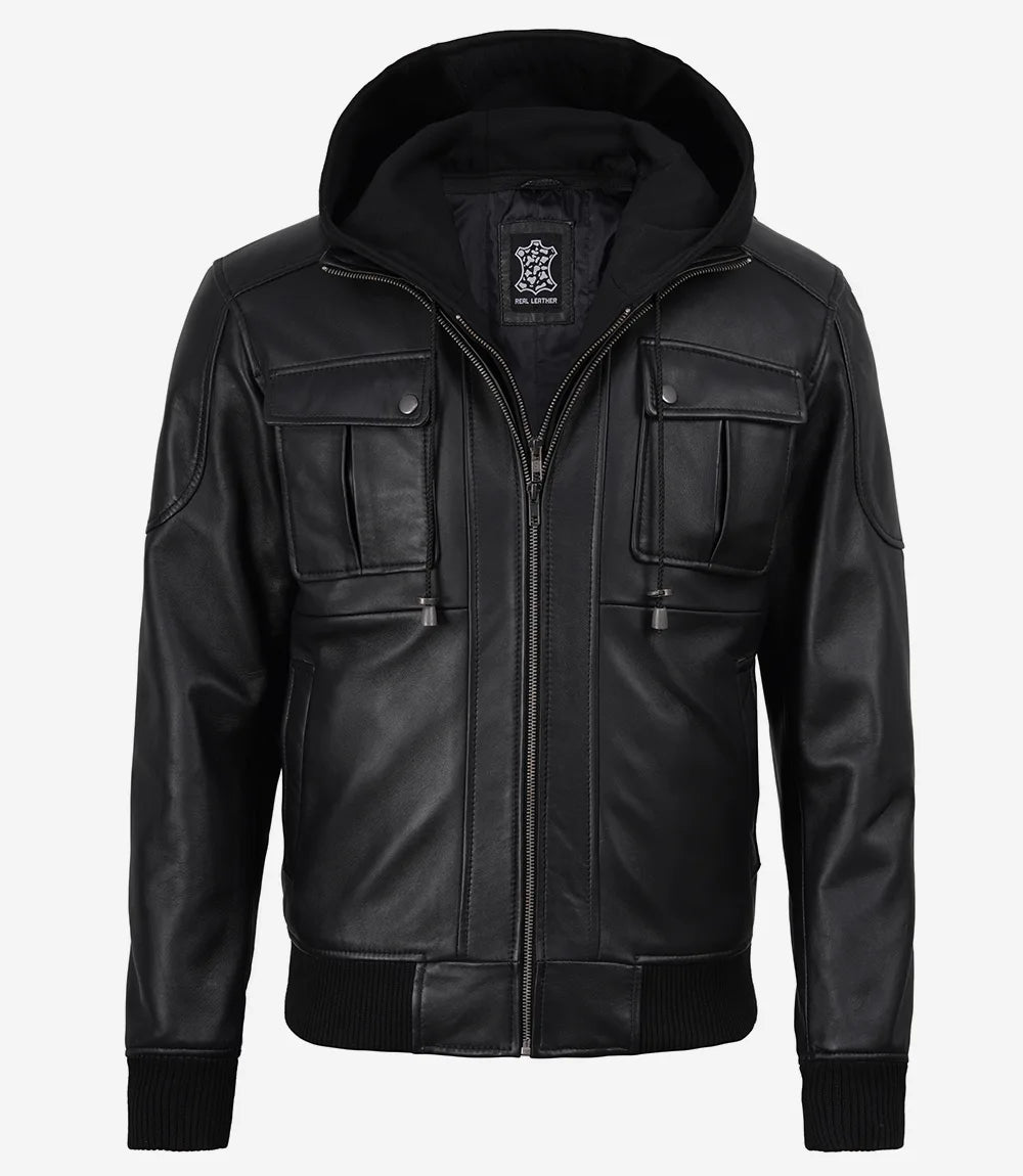 Men's Black Real Leather Bomber Jacket – Detachable Hood