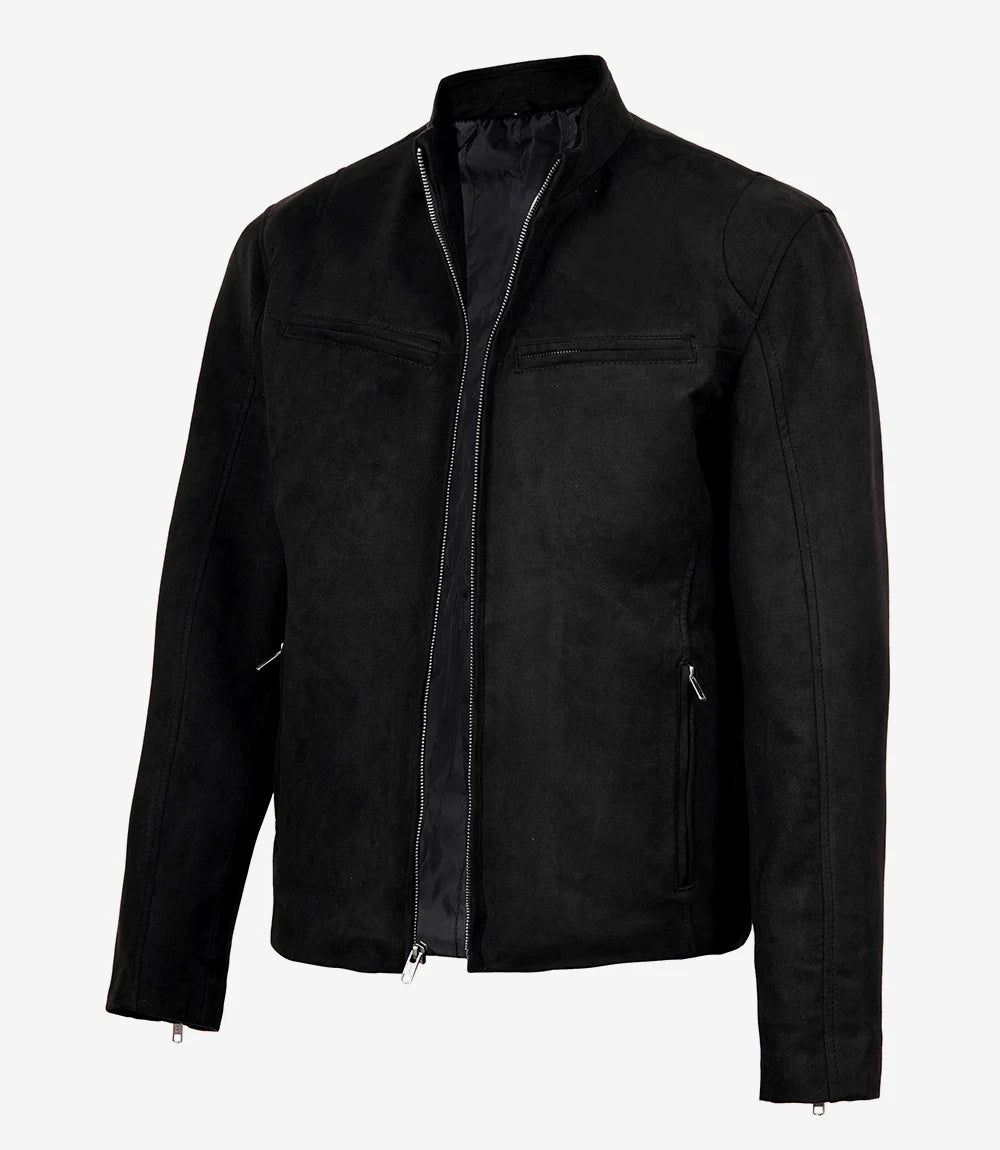 Men's Black Faux Suede Biker Style Jacket – Erect Collar Zip Closure