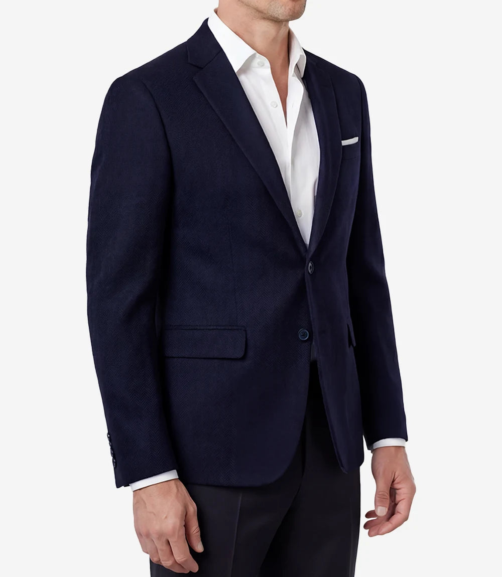 Mens Navy Blue Herringbone Wool Blend Blazer Jacket