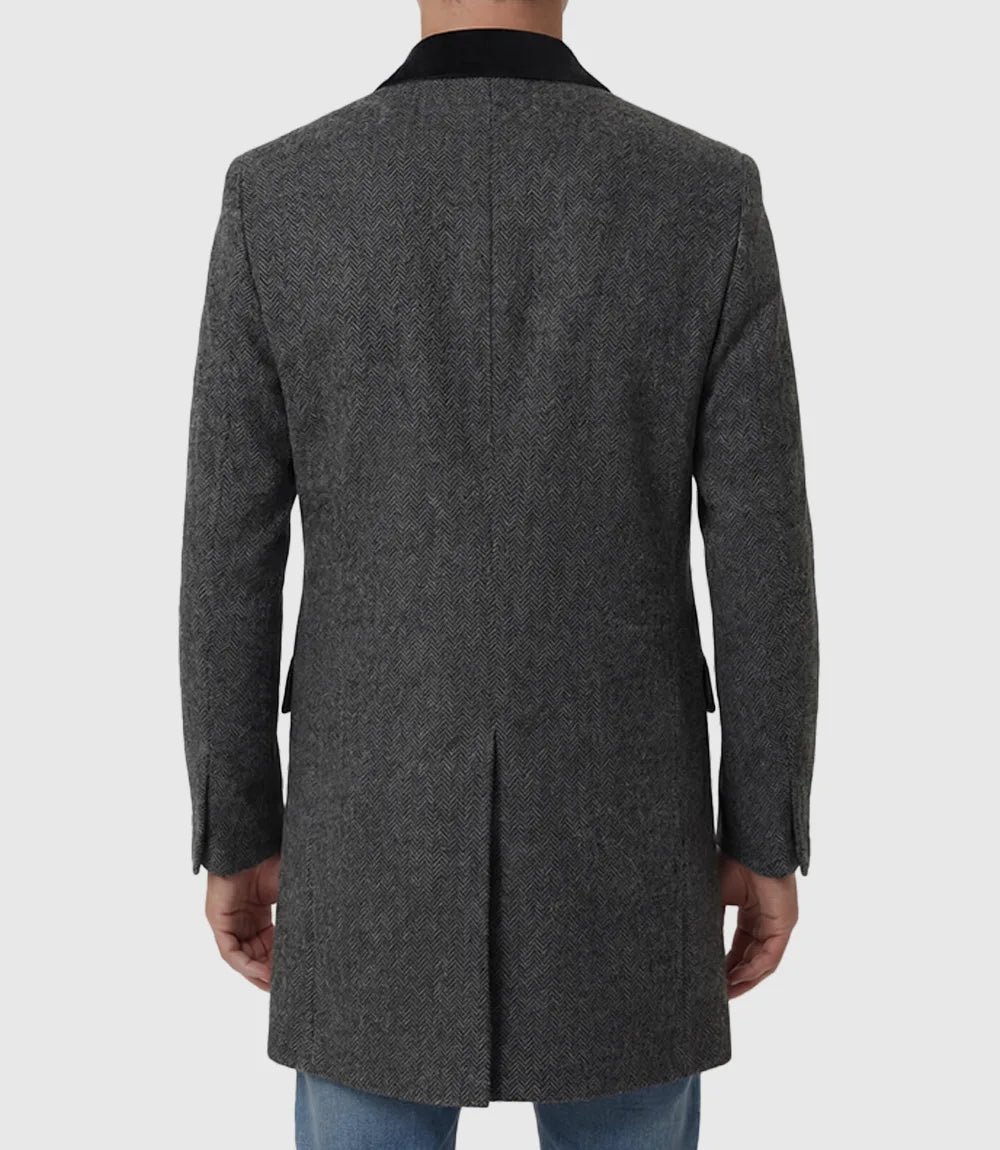 Grey Herringbone Wool Blend 3/4 Length Coat for Men