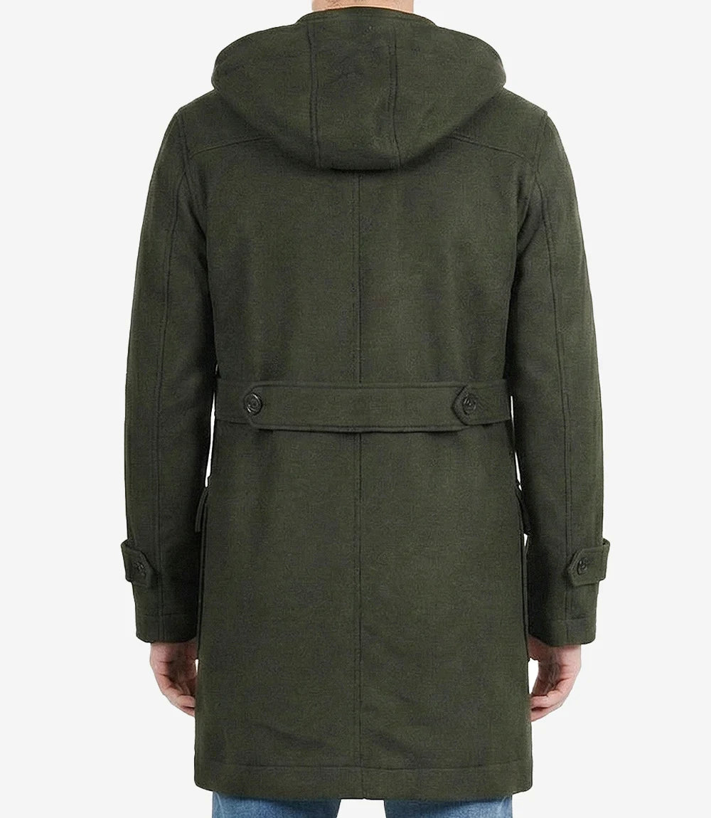 Mens Olive Green Hooded Duffle Wool Coat