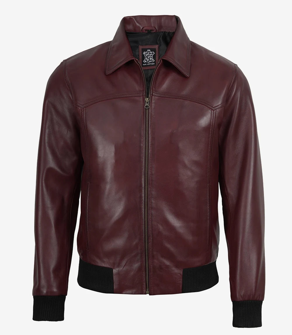 Men's Maroon Waxed Leather Bomber Jacket with Shirt Collar