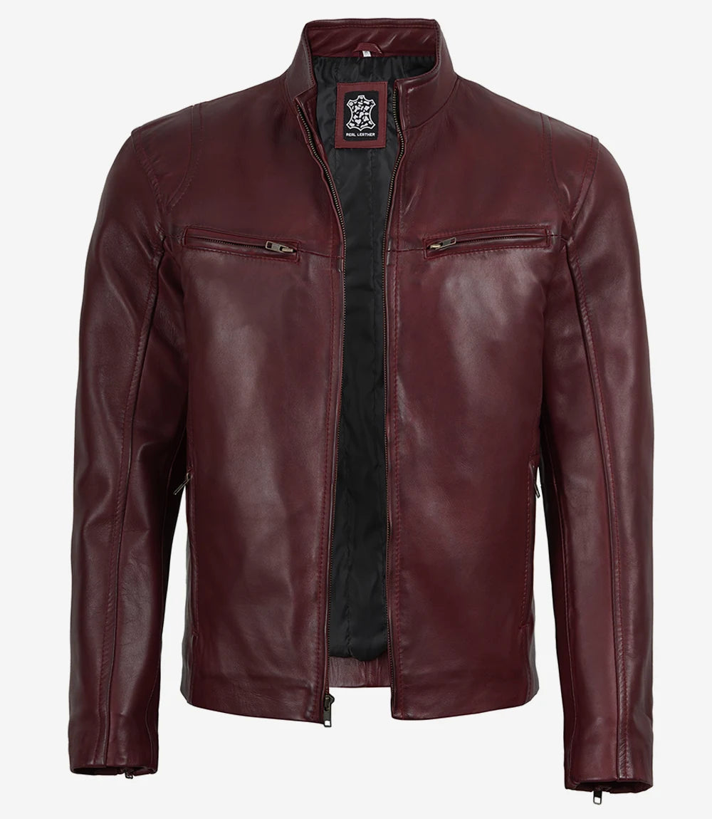 Men's Maroon Waxed Leather Biker Style Jacket