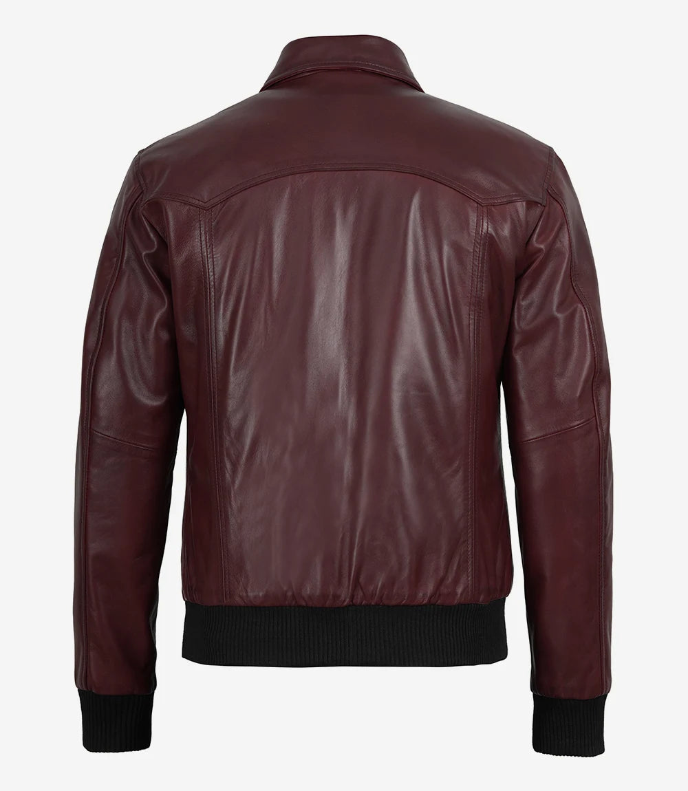 Men's Maroon Waxed Leather Bomber Jacket with Shirt Collar