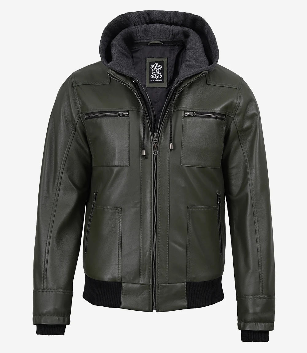 Men's Olive Green Leather Jacket With Removable Hood
