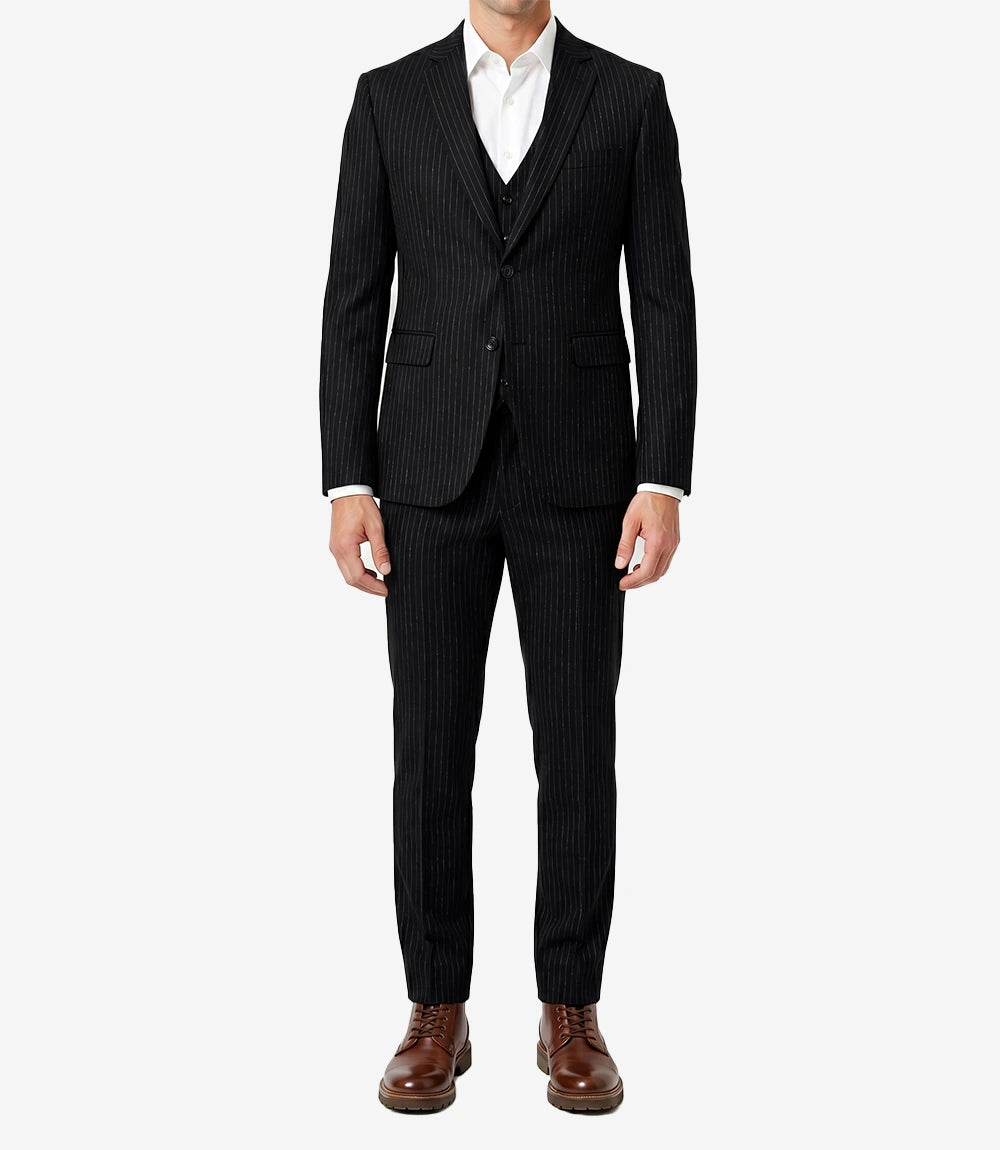 Men's Black Pinstripe Wool-Blend 3-Piece Suit — Notch Lapel