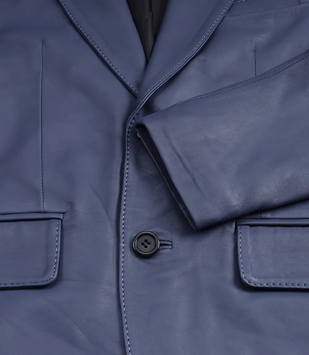 Men's Blue Leather Two-Button Closure Blazer Jacket