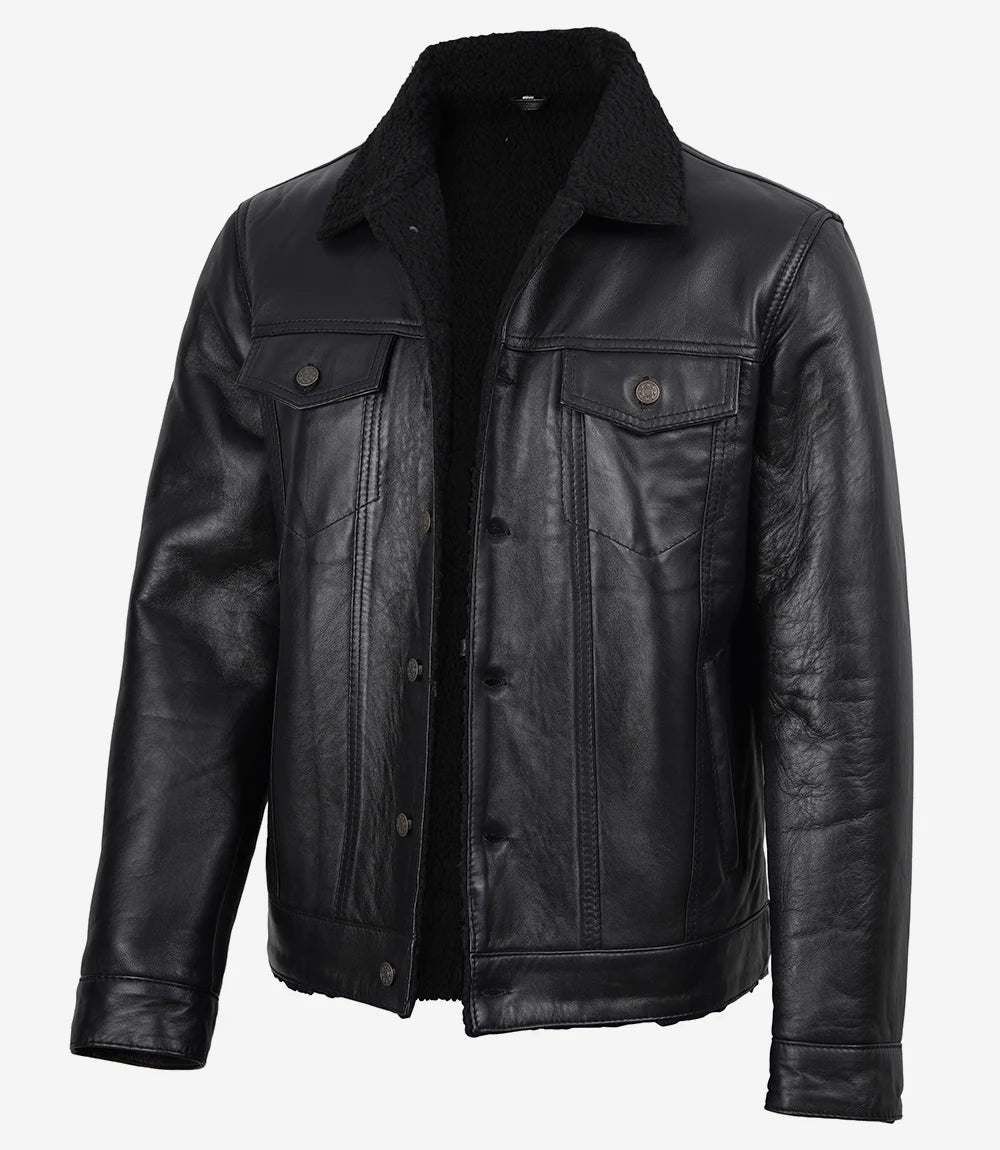 Men's Black Real Lambskin Leather Trucker Jacket – Sherpa Lined
