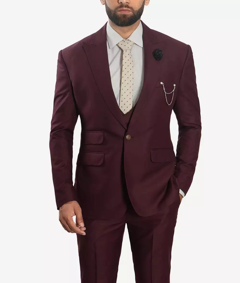 Three Piece Peak Lapel Burgundy Mens Suit