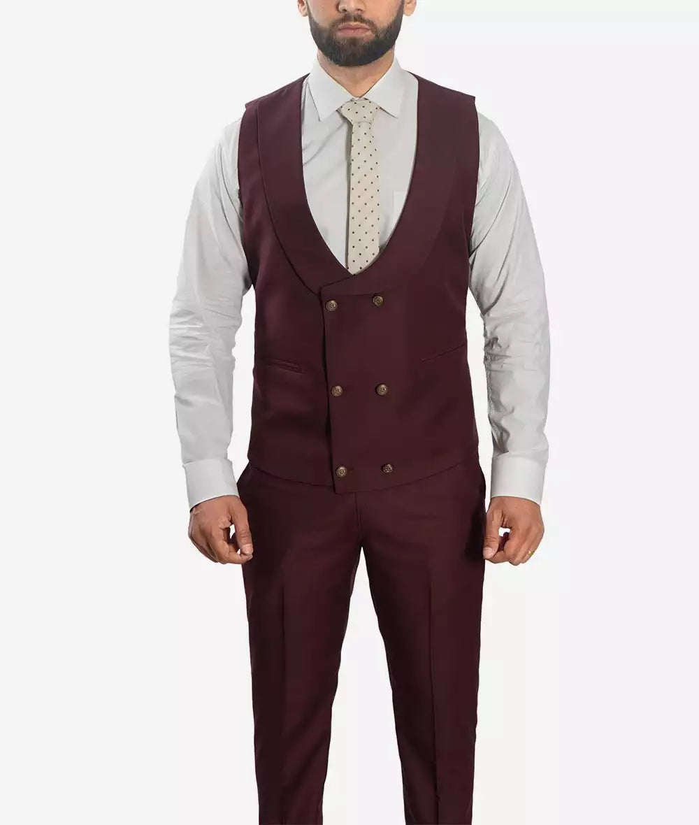 Three Piece Peak Lapel Burgundy Mens Suit