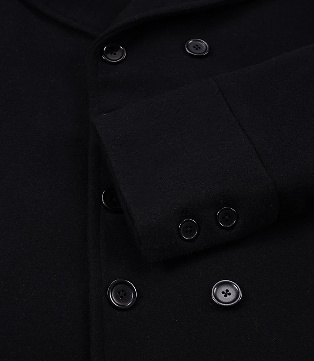 Men's Black Wool Double-Breasted Long Coat