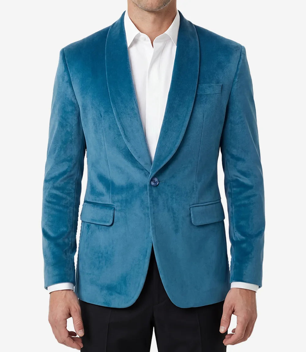 Mens Teal Blue Single Button Velvet Tuxedo Jacket