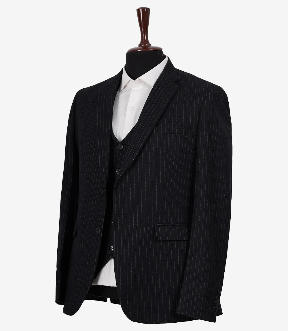 Men's Black Pinstripe Wool-Blend 3-Piece Suit — Notch Lapel