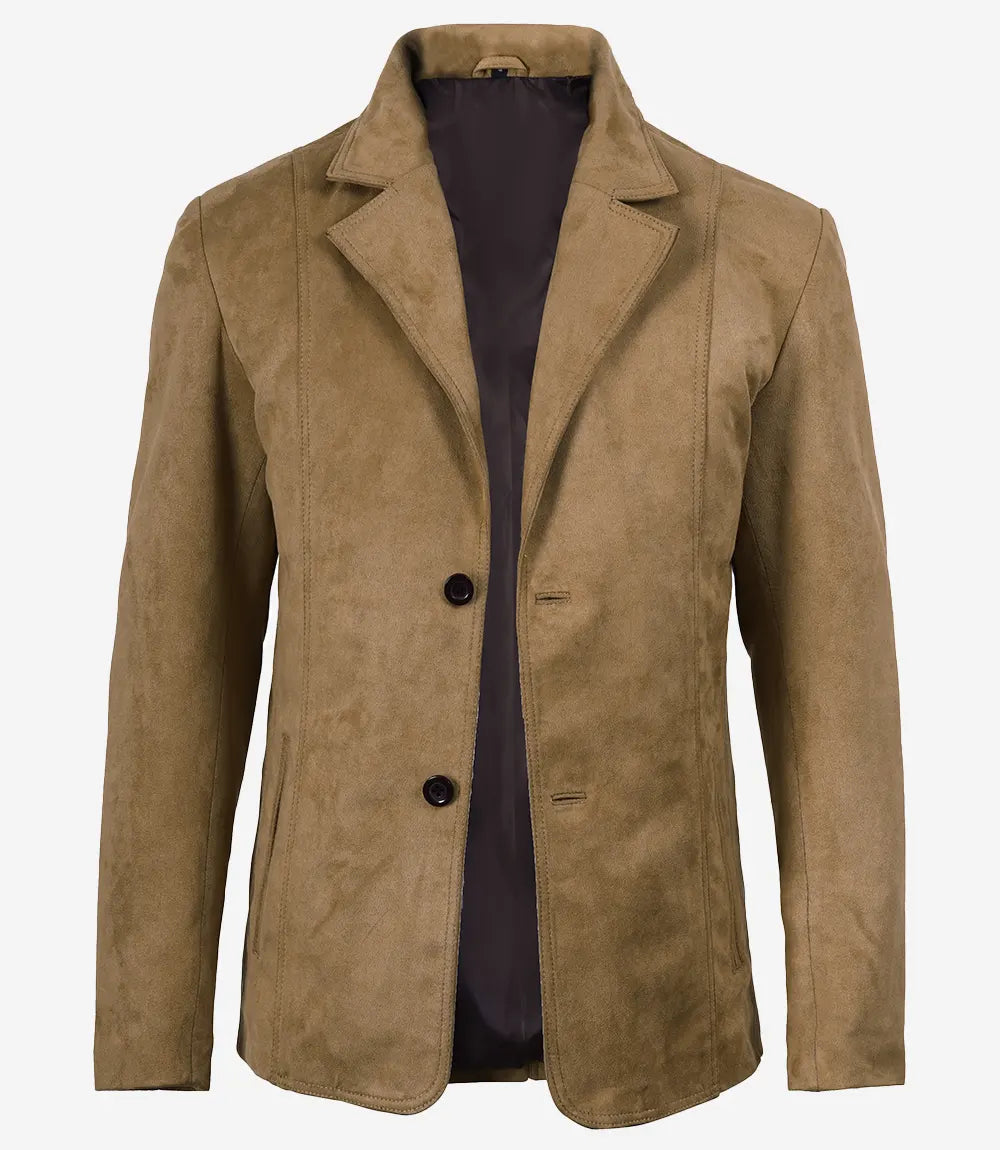 Men's Camel Faux Suede Two-Button Blazer