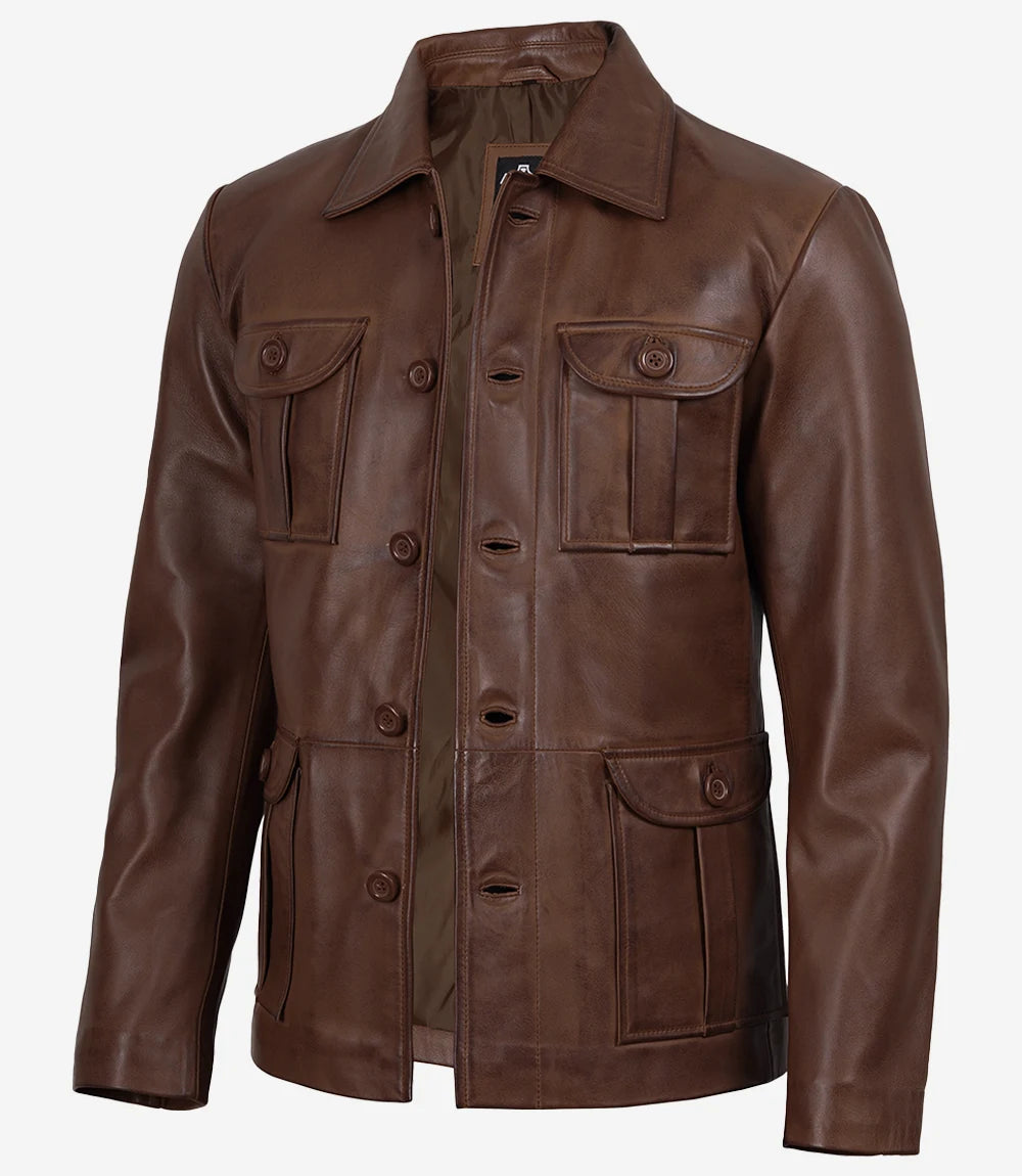 Men's Brown Cognac Wax Utility Leather Field Jacket