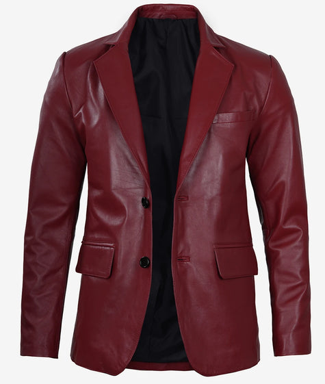 Mens Leather 2 Buttons Maroon Blazer
