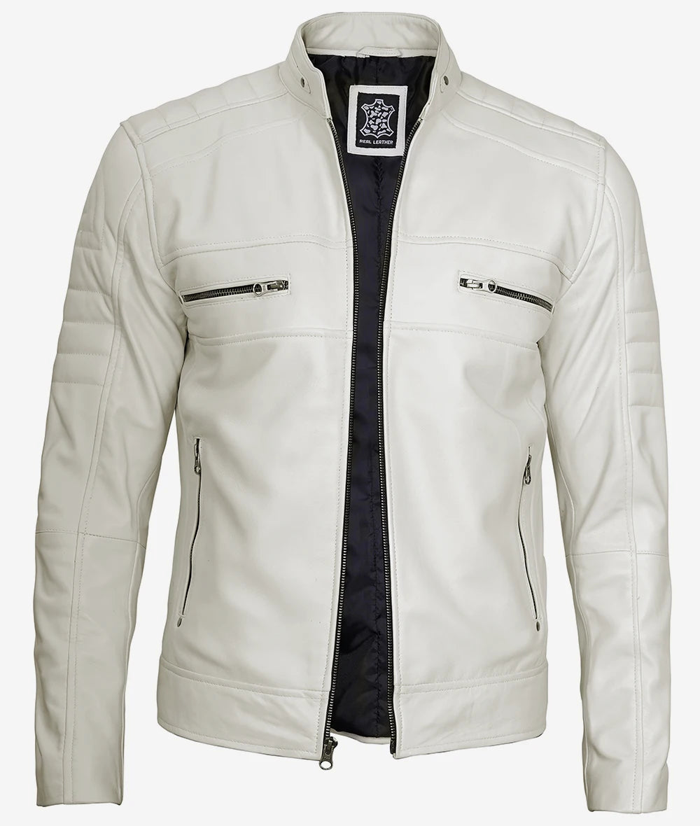 Mens White Cafe Racer Leather Jacket