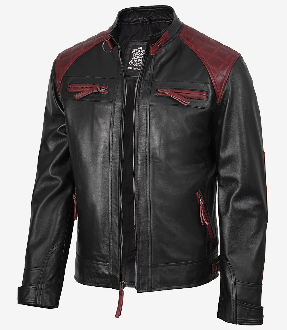 Men's Black and Maroon Biker Style Leather Jacket - Quilted Shoulder