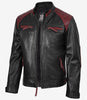 Men's Black and Maroon Biker Style Leather Jacket - Quilted Shoulder