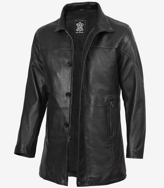 Tall Men's Black Leather Car Coat – 3/4 Length Jacket