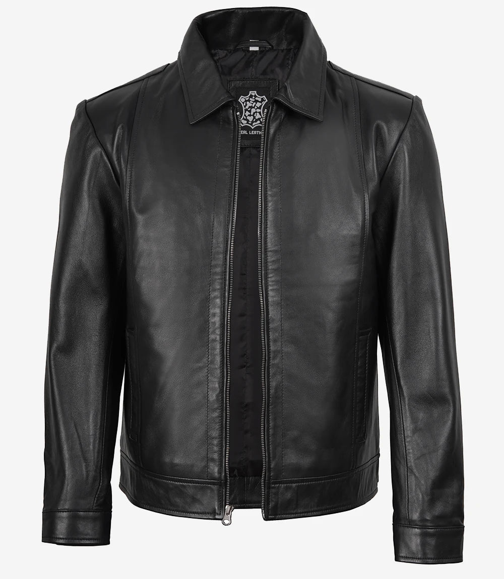 Reeves Men's Shirt Collar Black Harrington Leather Jacket