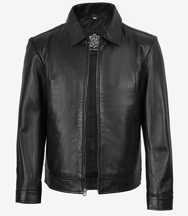 Reeves Men's Shirt Collar Black Harrington Leather Jacket