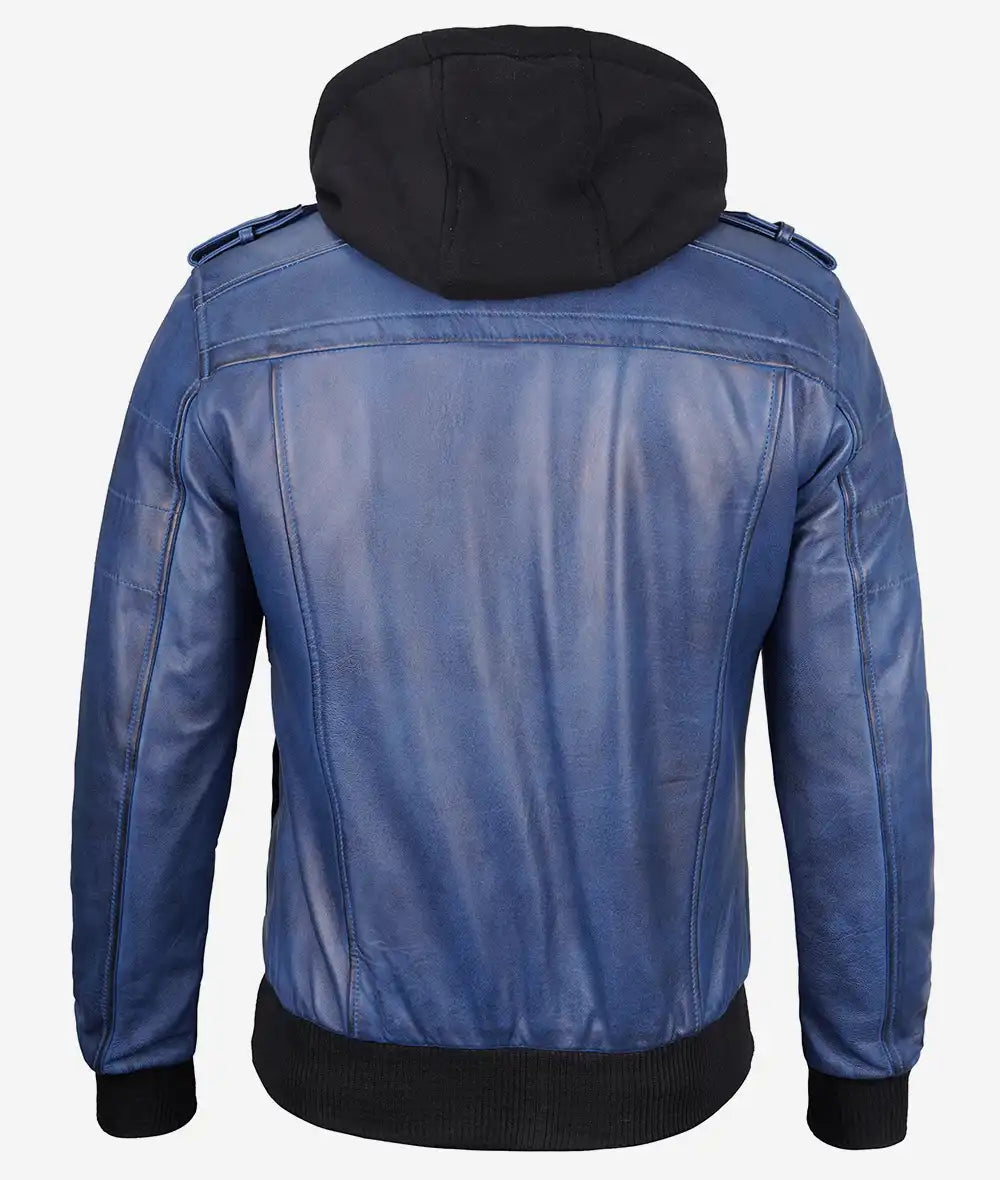 Mens Blue Waxed Bomber Leather Jacket With Hood
