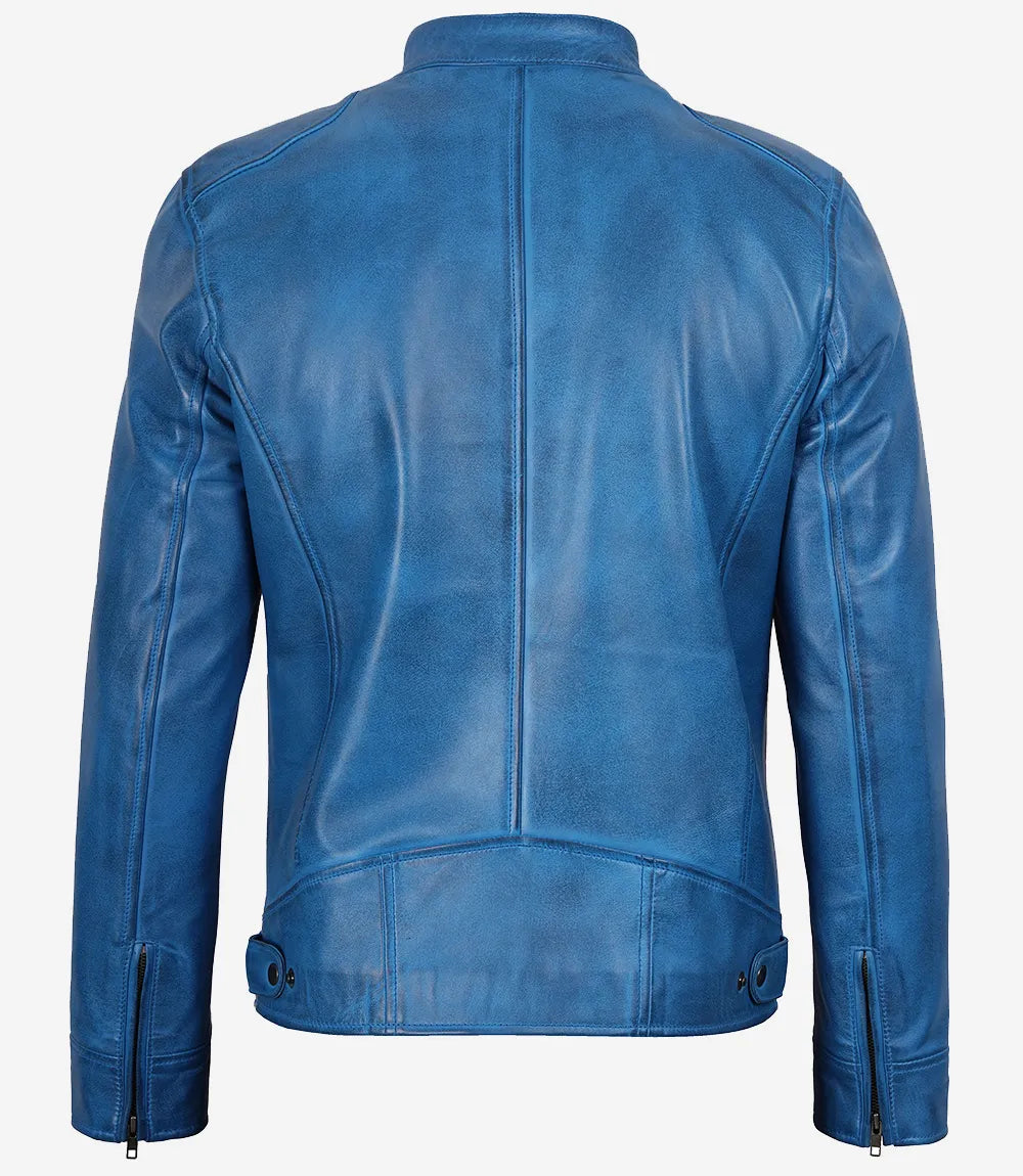 Mens Real Leather Distressed Blue Biker Style Jacket