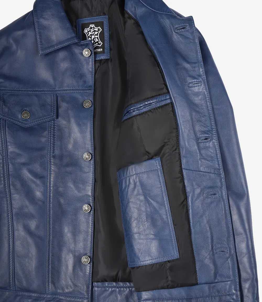 Mens Real Lambskin Leather Blue Waxed Trucker Jacket