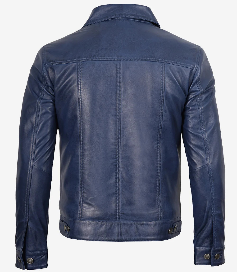 Mens Real Lambskin Leather Blue Waxed Trucker Jacket