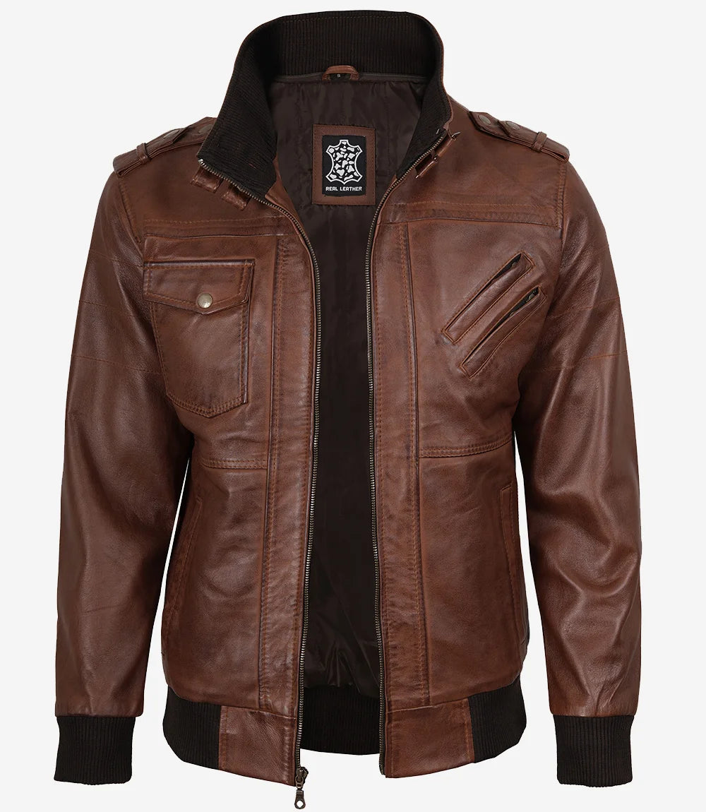 Mens Cognac Leather Bomber Jacket With Removable Hood