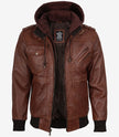 Mens Cognac Leather Bomber Jacket With Removable Hood