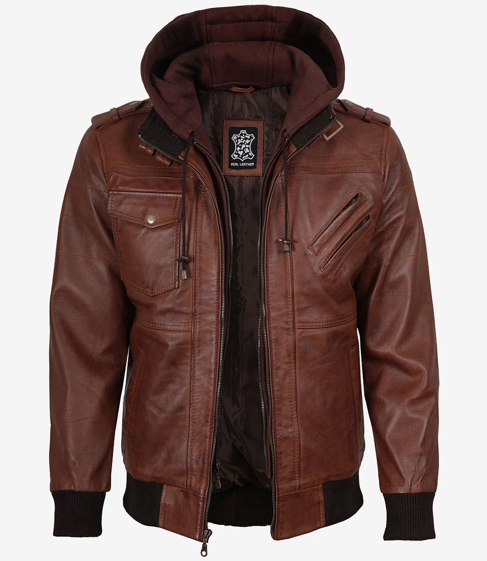 Mens Cognac Leather Bomber Jacket With Removable Hood