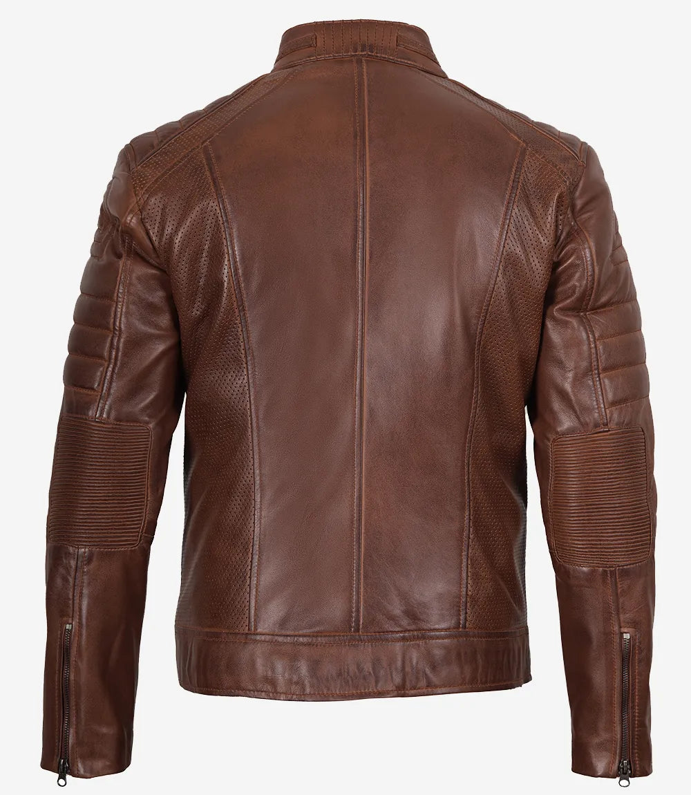 Austin Chocolate Brown Waxed Mens Perforated Leather Jacket