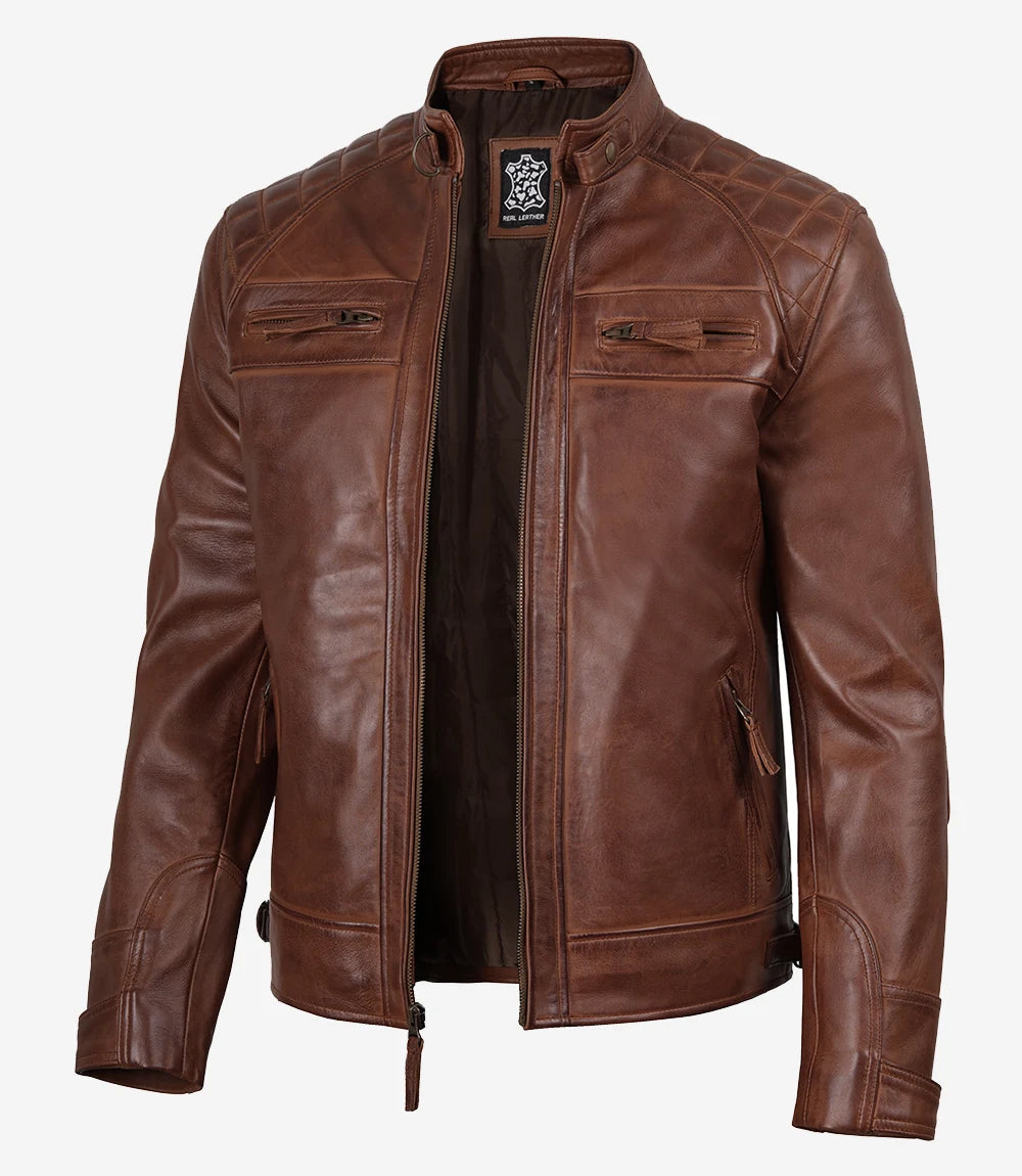 Men's Cognac Brown Quilted Biker Style Leather Jacket
