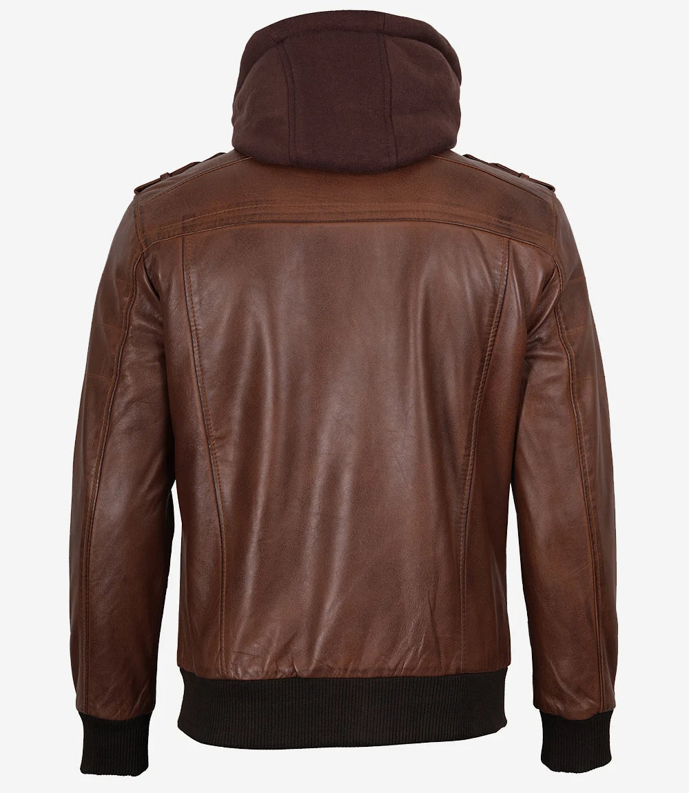 Mens Cognac Leather Bomber Jacket With Removable Hood