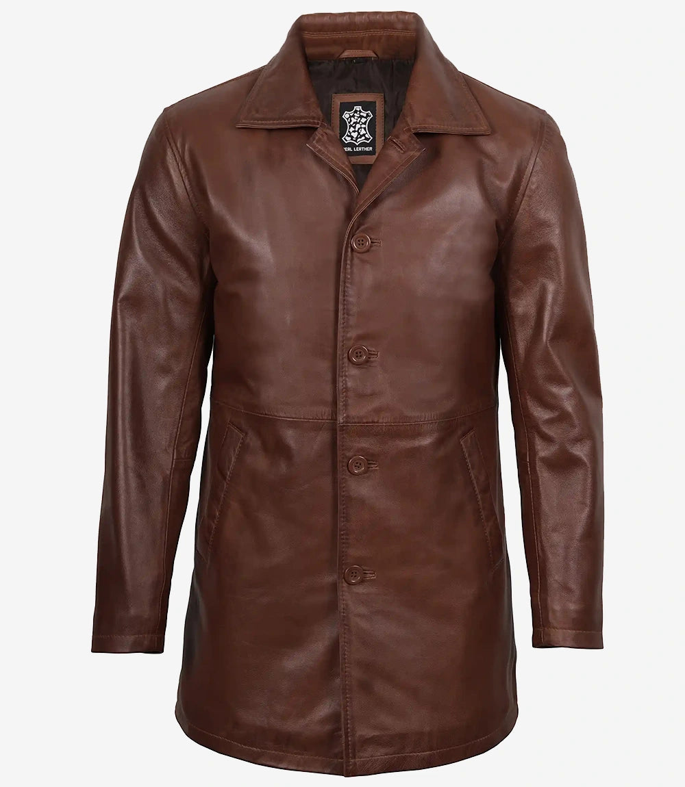 Men's Real Leather Button Down Cognac Car Coat