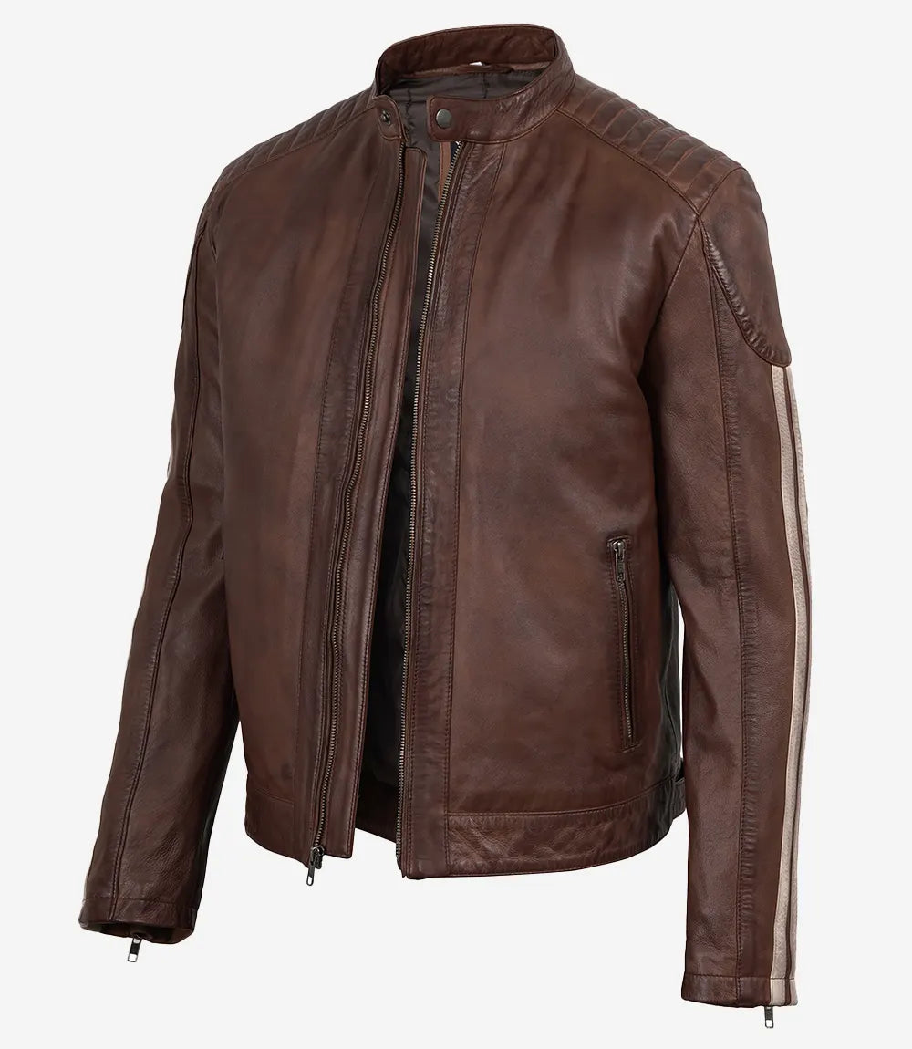 Men's Cognac Waxed Biker Style Jacket - Striped Sleeves - Cognac Waxed