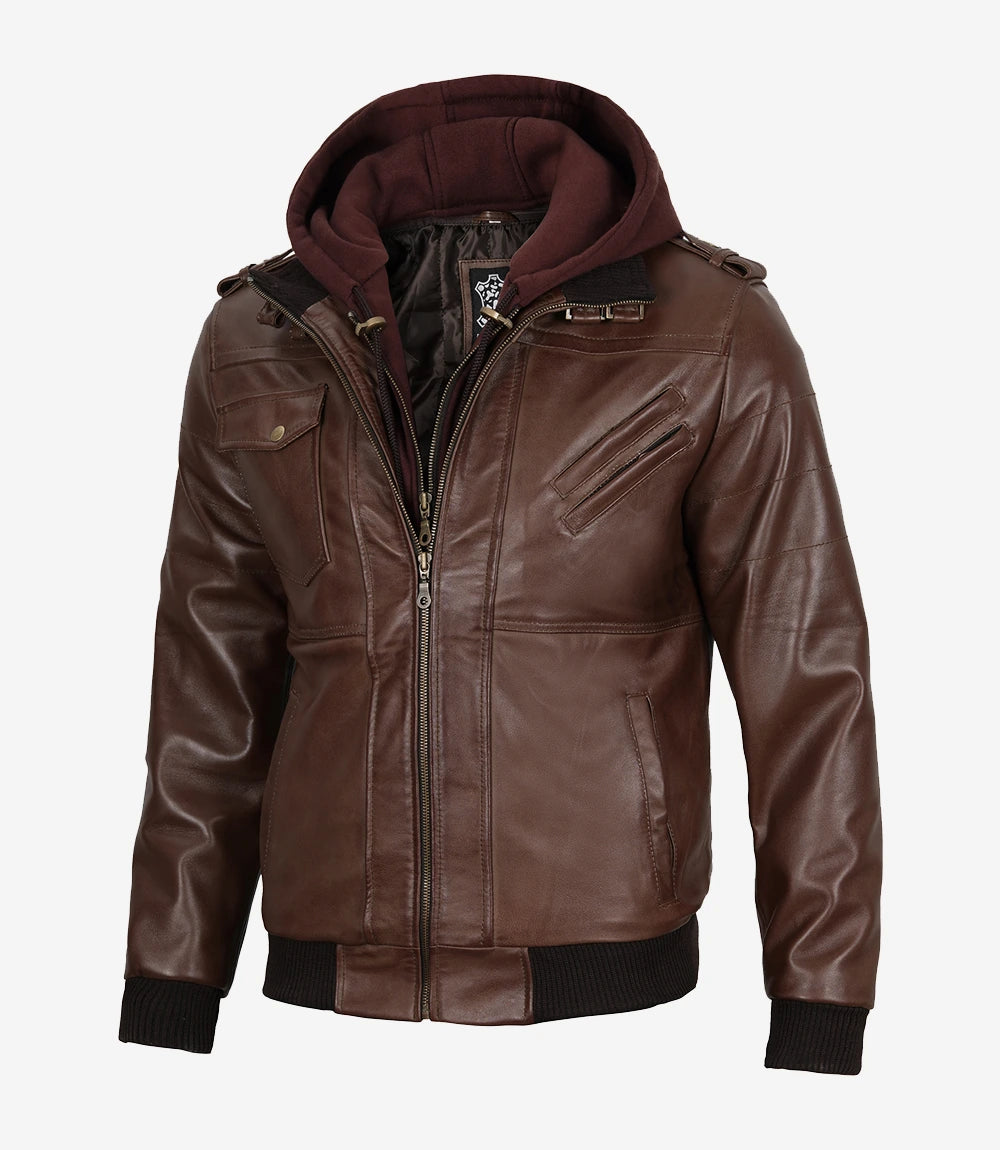 Mens Real Leather Dark Brown Bomber Jacket With Removable Hood