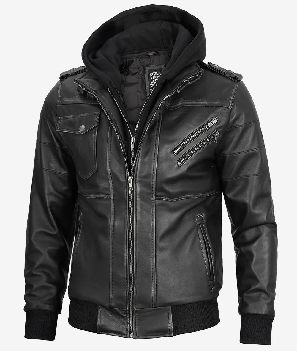 Mens Grey Leather Bomber Jacket With Removable Hood