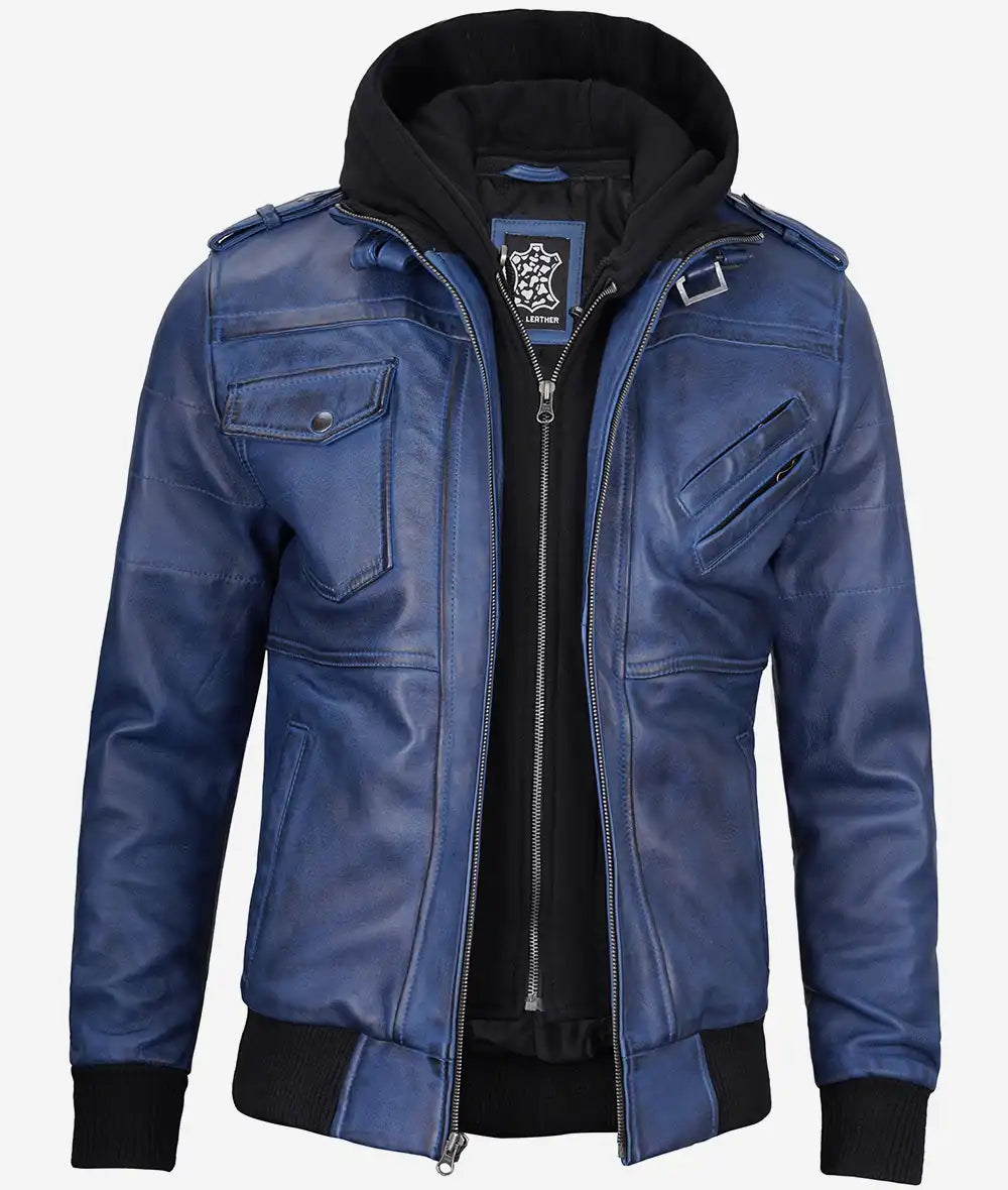 Mens Blue Waxed Bomber Leather Jacket With Hood