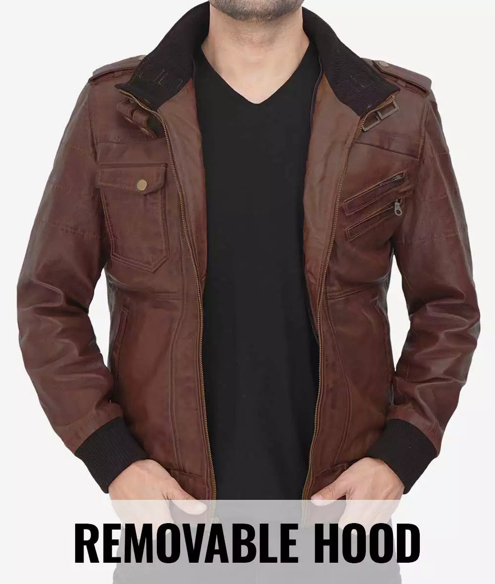 Mens Tall Dark Brown Bomber Leather Jacket with Removable Hood