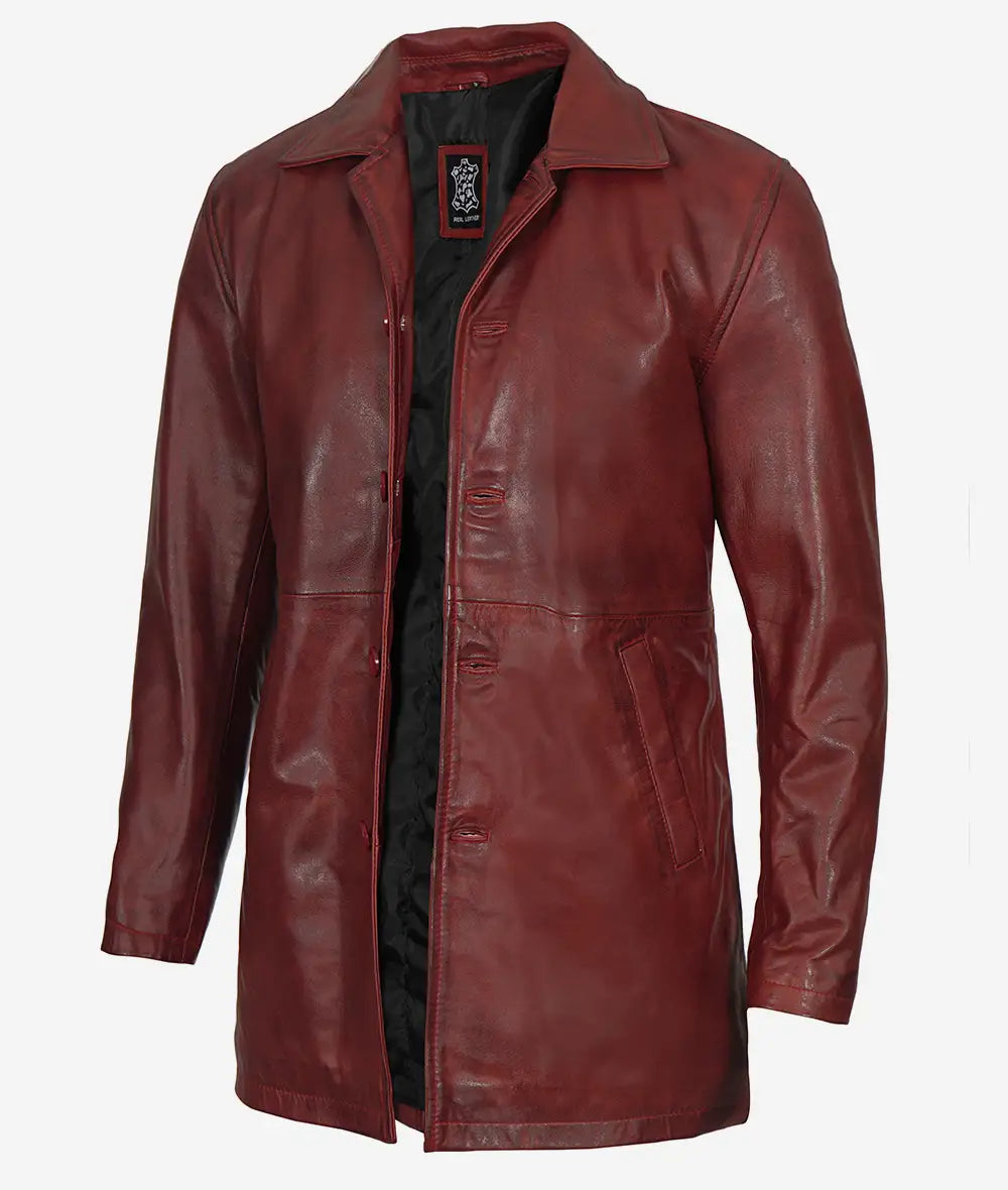 Distressed Leather Maroon Coat Mens