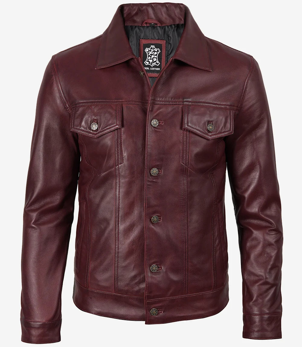 Men's Real Lambskin Leather Burgundy Trucker Jacket