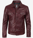 Men's Real Lambskin Leather Burgundy Trucker Jacket