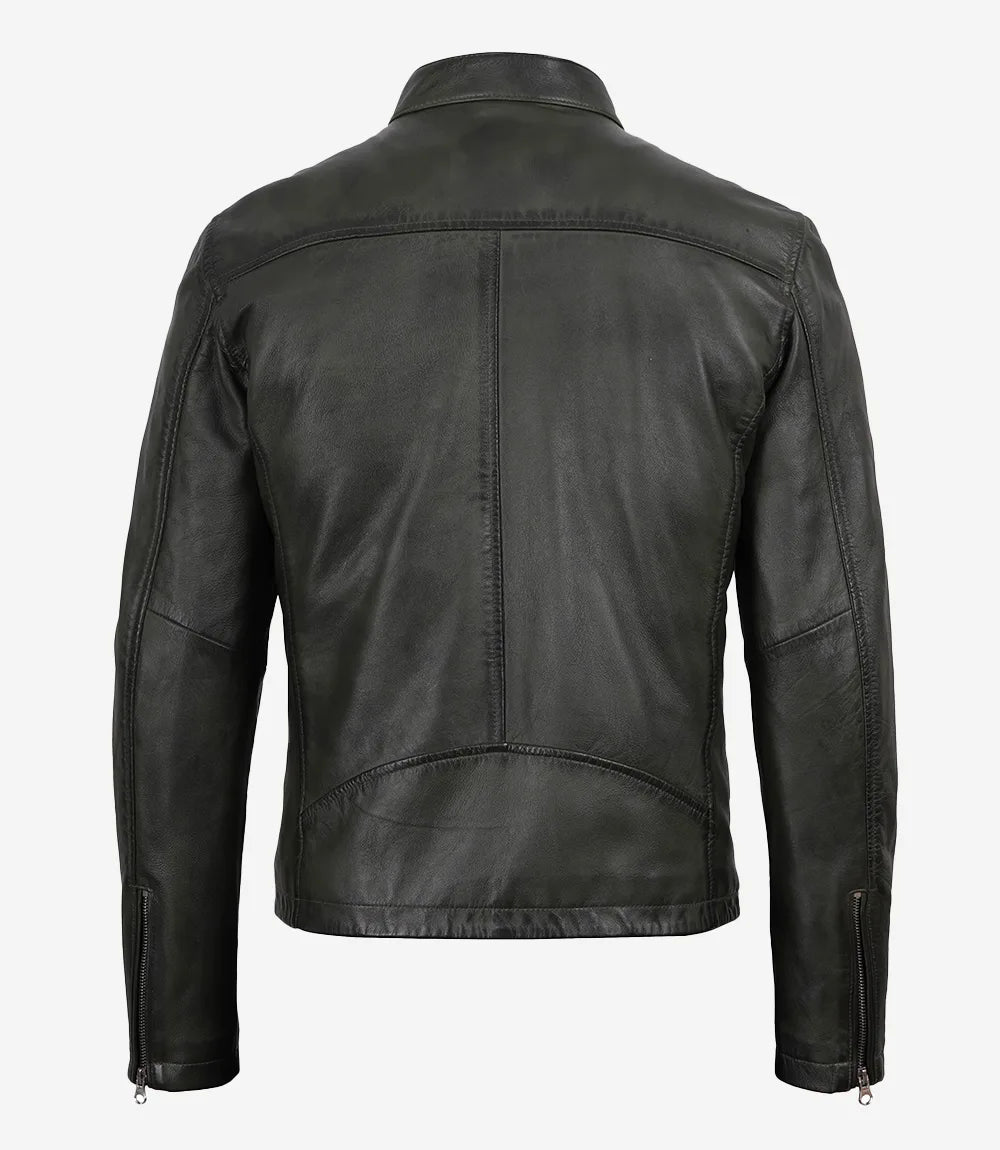 Men's Olive Green Cafe Racer Leather Jacket - Olive Green - view 4