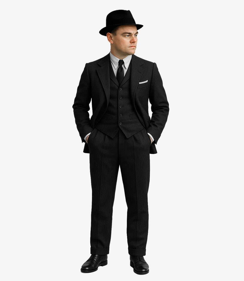Men's Black Wool 3-Piece Suit — Notch Lapel, 1920s Style