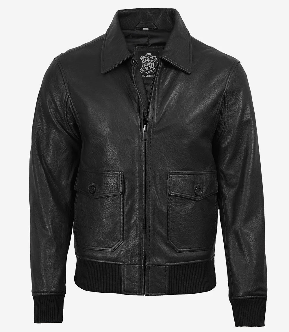Men's Classic Washed Black Leather Bomber Jacket - Black - view 3